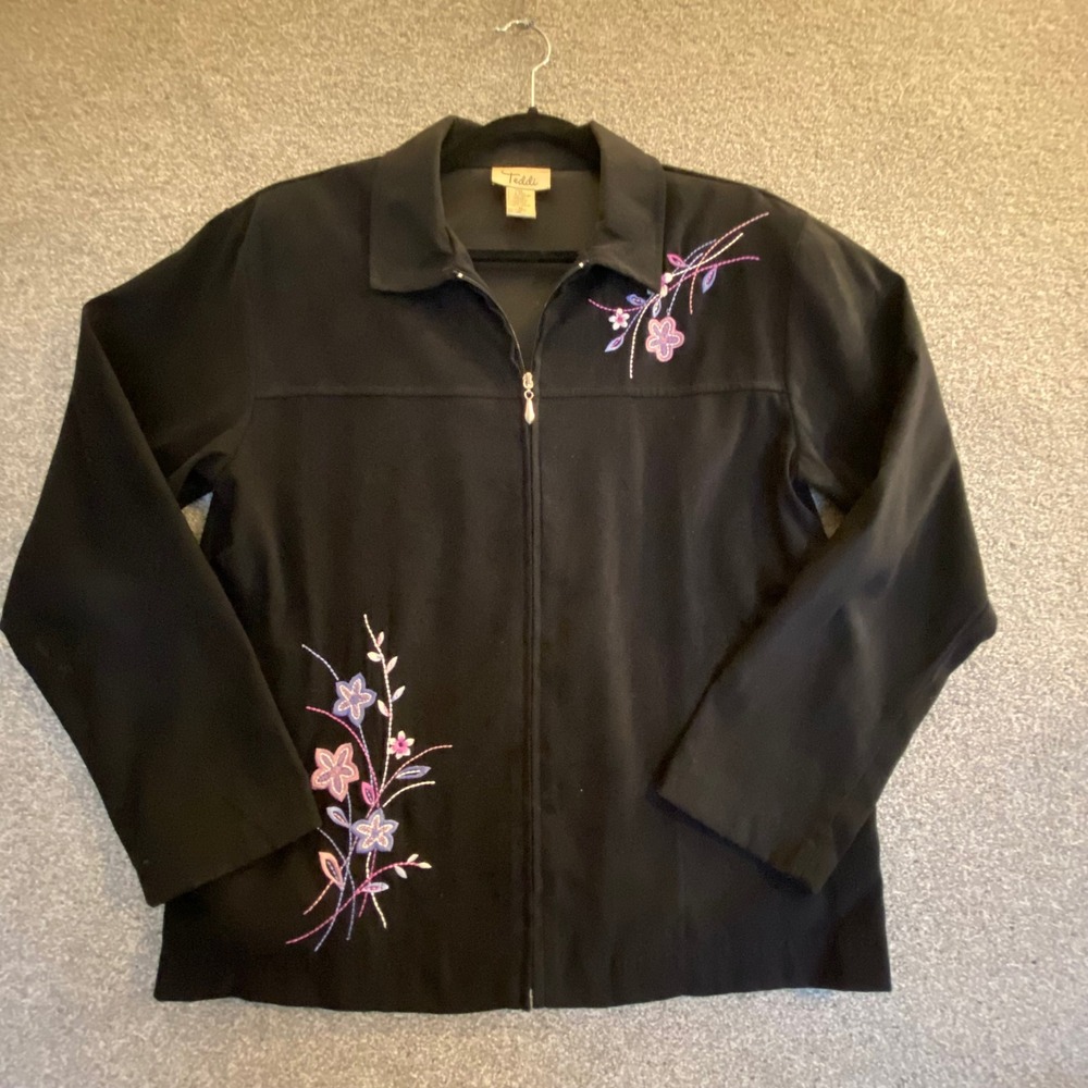 Teddi‎ Black Embroidered Floral Zip Up Jacket Women's Size M